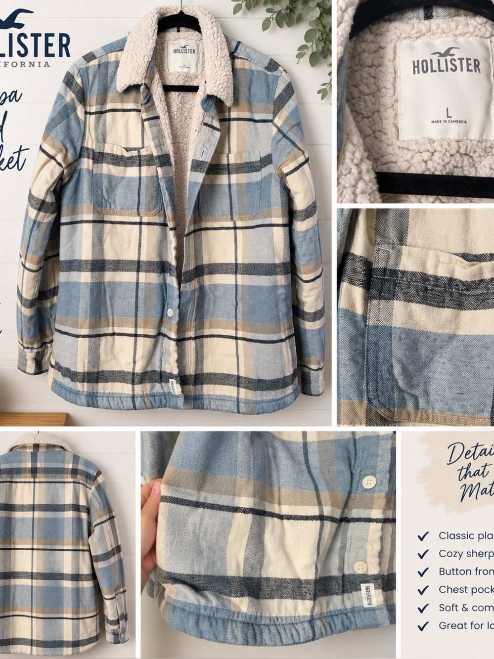 Hollister Sherpa Lined Plaid Shacket Jacket Size L Blue Cream with side pockets